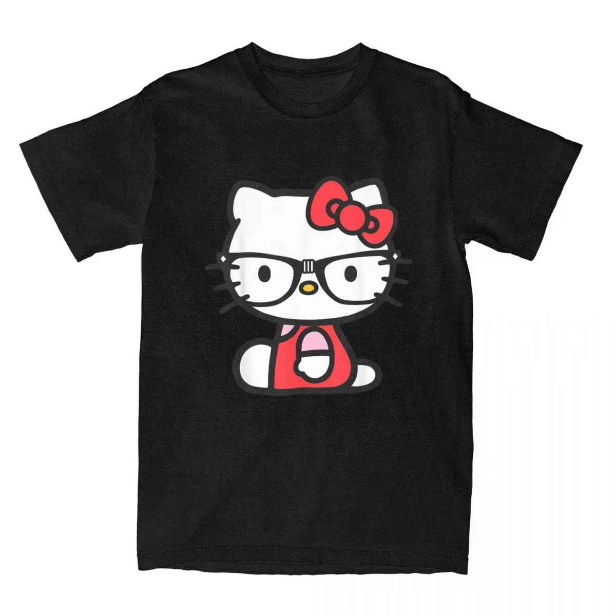 Hello Kitty Nerd Glasses T-Shirt for Men Women Vintage 100% Cotton Tees Round Neck Short Sleeve T Shirt Summer Clothes