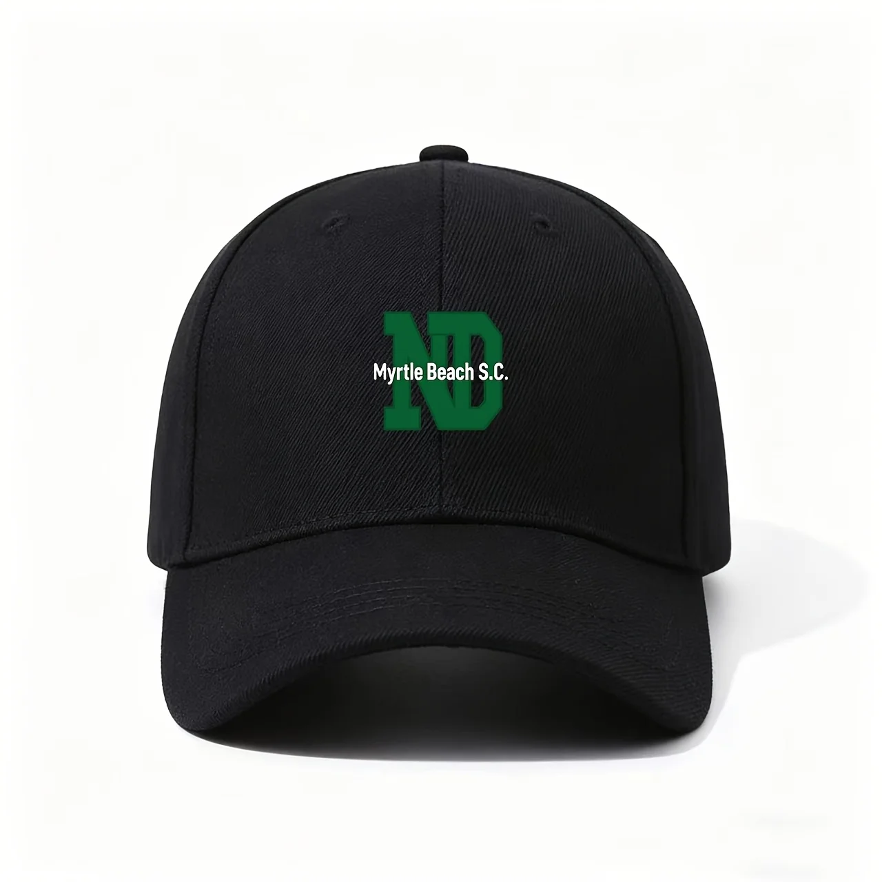 Baseball Cap, with Green Varsity-Style ND Letters And Myrtle Beach SC Text, a Coastal-Inspired Design, Ideal As a Nostalgic Gift