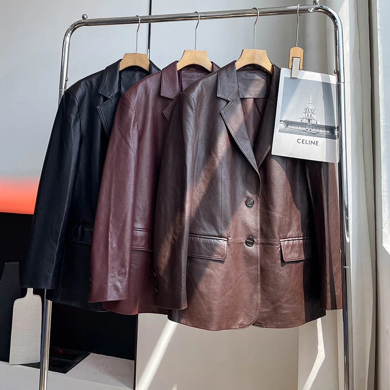 Mantel Blazer Kulit Domba Tingkat A Kualitas Tinggi 2025 Jaket Setelan Kulit Asli Pakaian Jalanan Longgar Kasual Wanita Merah Kopi/Anggur Mode