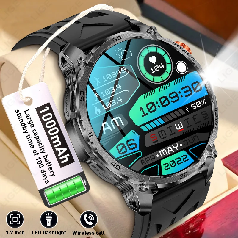 

Смарт-часы LIGE с аккумулятором 1000 мАч, прочные, для взрослых, с SOS, мощным фонариком, водонепроницаемые IP68, с функцией звонков по Bluetooth, спортивные, мужские, 2026