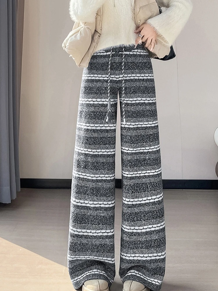 Color blocking striped wide leg pants women autumn and winter American style high waisted casual straight knitted pants