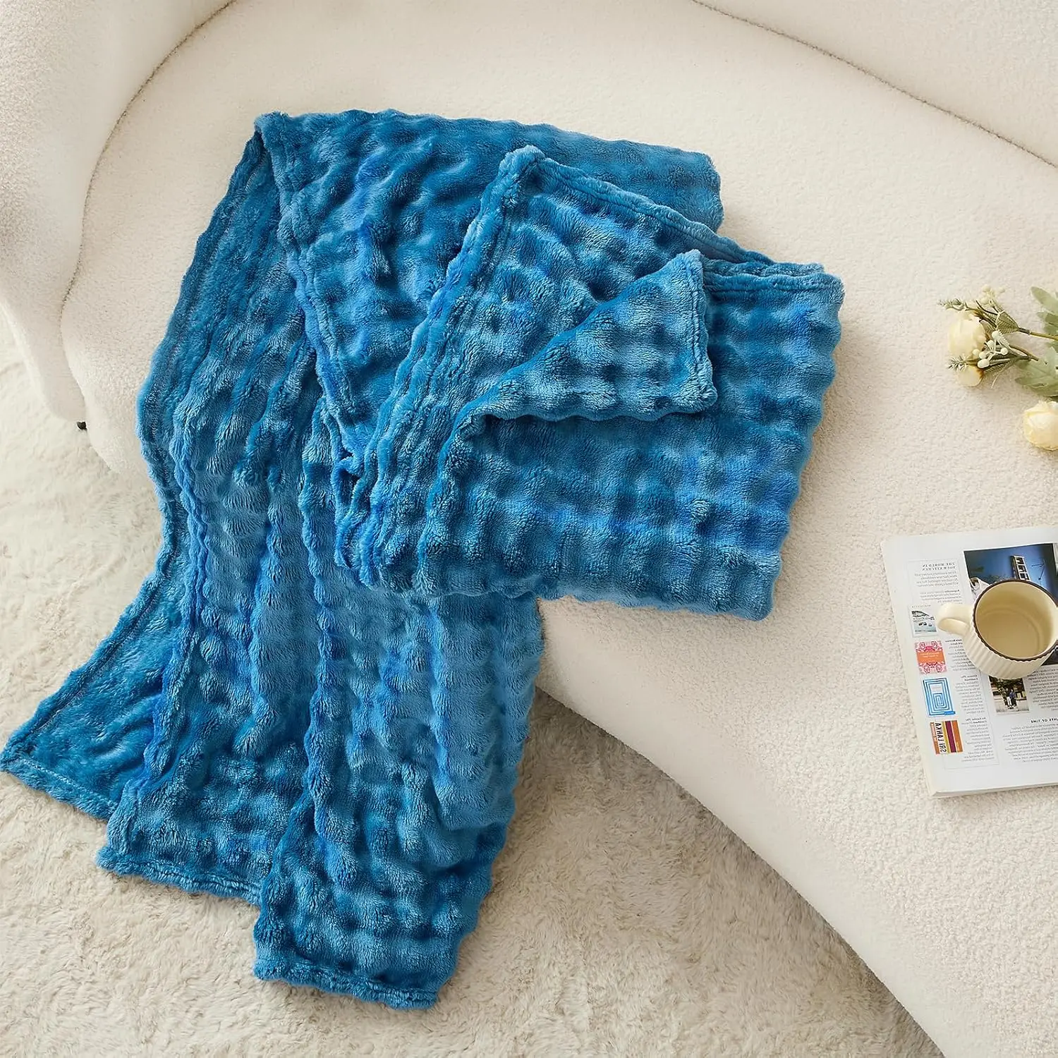 Sea Blue Gift 3D Bubble Plush Blanket Textured Fleece Throw Soft Warm Cozy Blanket Couch Bed Throw Spring Outdoor Fluffy Blanket