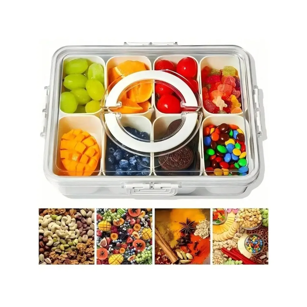 Bandeja de servir dividida con tapa, caja de aperitivos con tapa y asa, caja de aperitivos dividida para bandejas portátiles, perfecta para dulces, frutas y golosinas