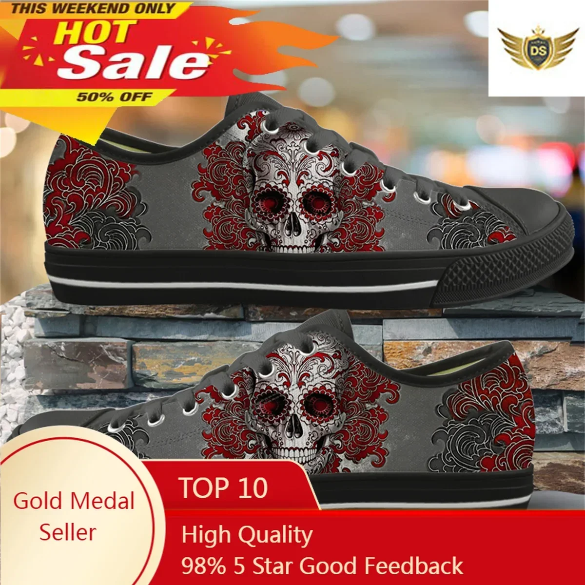 

Gothic Skull Print Lace Up Vulcanized Shoes Breathable Casual Ladies Canvas Flat Shoes Teenager Fitness Light Running Sneakers