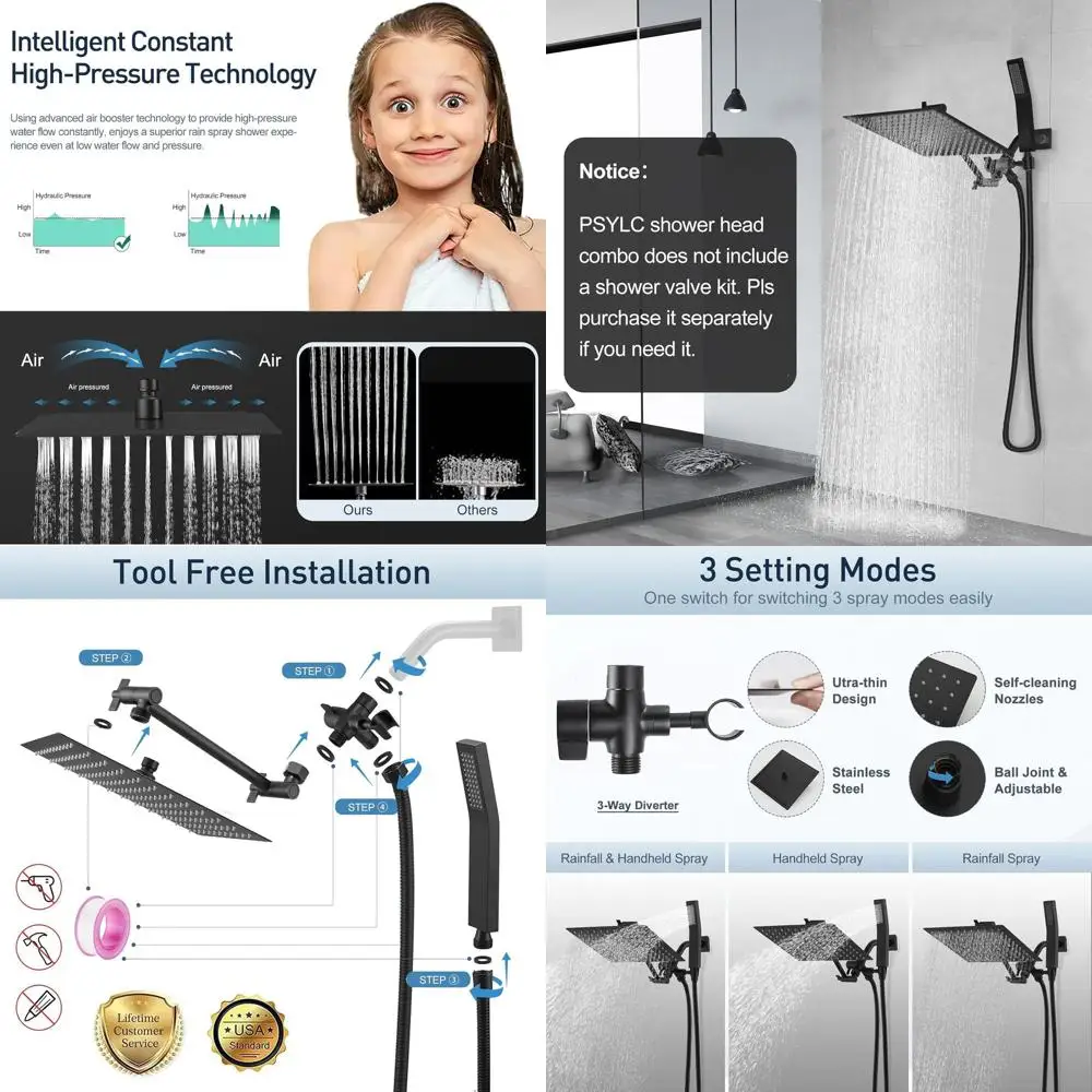 

10 Matte Black Shower Combo with Handheld, Adjustable Arm, 70 Hose, 3-Way Diverter
