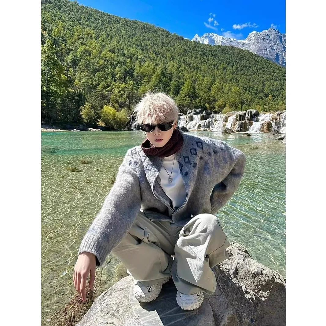 

American Retro Nordic Sle Fair Isle Knitted Sweater Coat Men's Winter Lazy Pattern Embroidery Diamond id Knitted Jaet