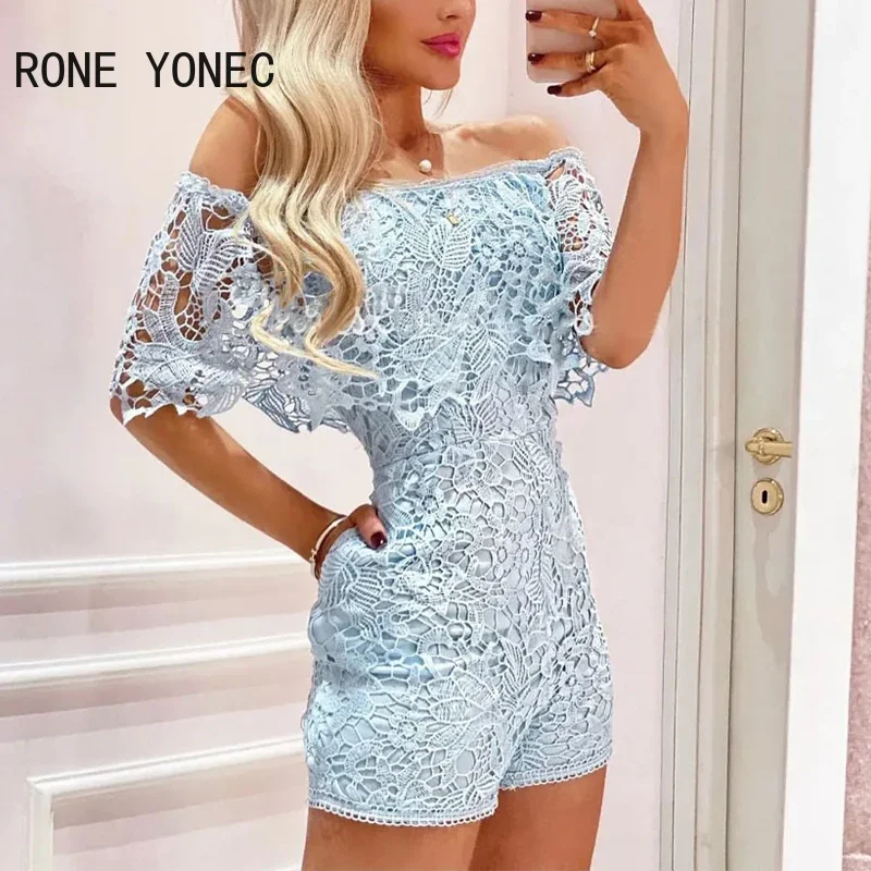 Women Sexy Solid Off Shoulder Slash Collar Lace Pocket Bodycon Sexy Rompers