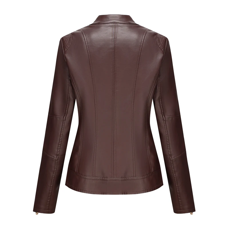 Spring Autumn Ladies Casual Leather Jacket Outdoor Windproof PU Stand Collar Tops Fashion Slim Motorcycle Wear Women's Clothing