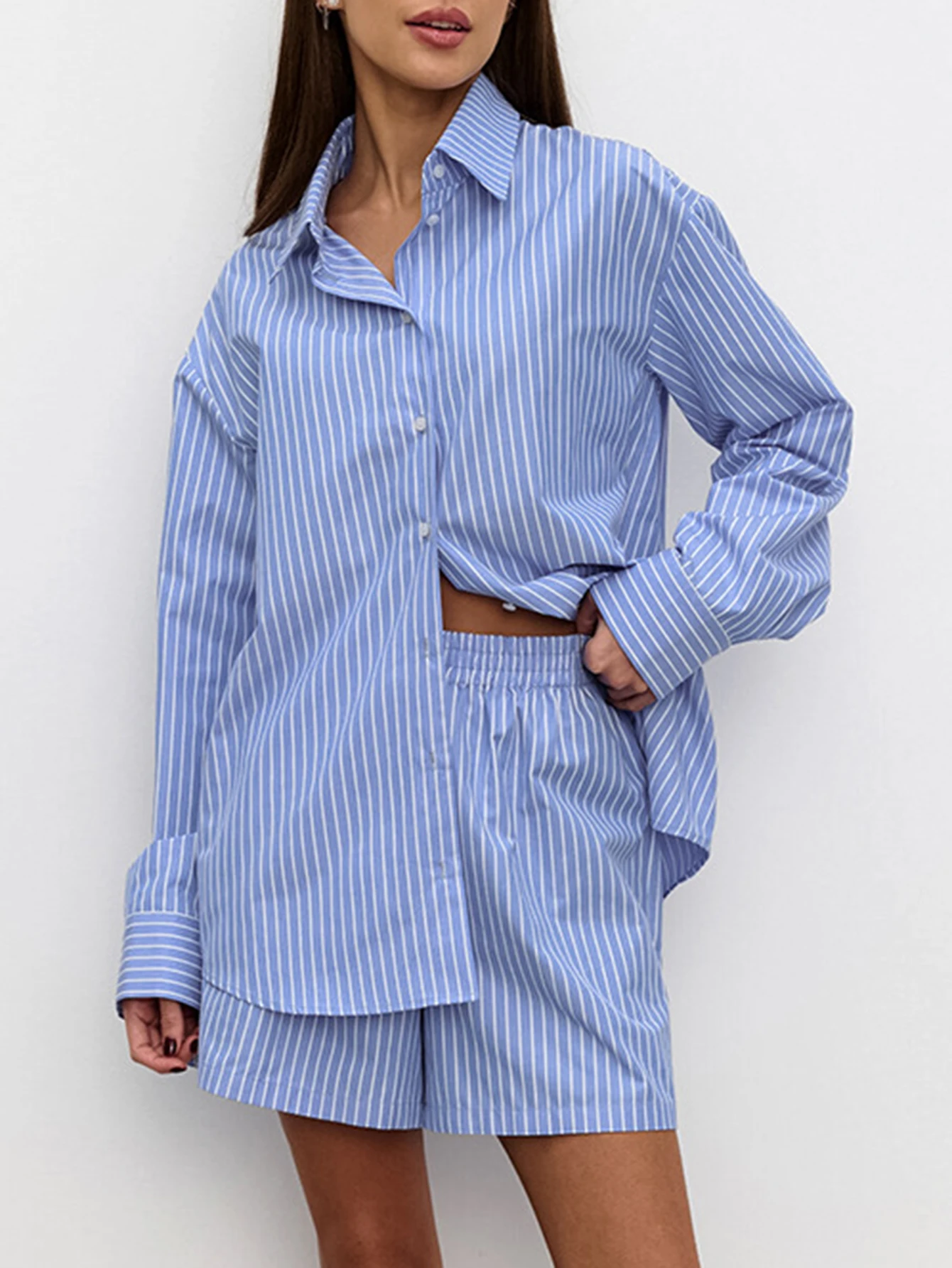 Feminino outono casual listras camisa de manga longa e shorts evasê cintura elástica conjunto de uso diário