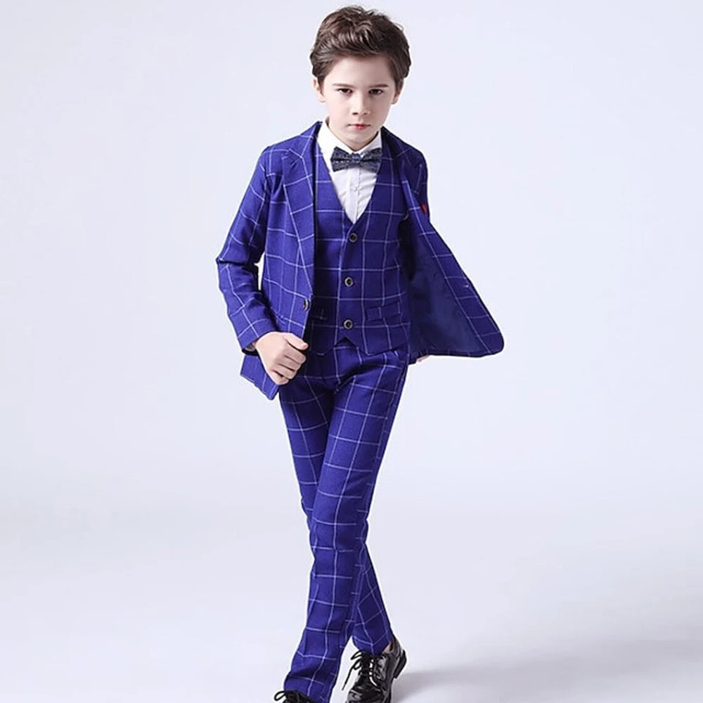 Fashion Plaid Boys Suits Peak Lapel One Button Outfits High-end Casual Daily Formal Checkered Sets 3 Piece Kids Clothes