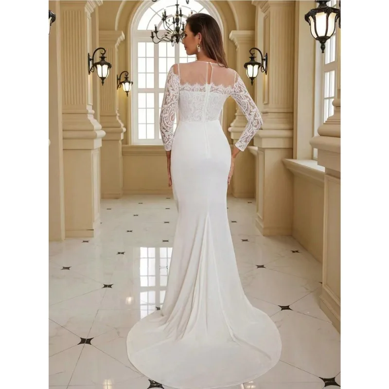 2025 Elegant Women Corset Mermaid Wedding Party Floor Length Dress Sexy Long Sleeve Lace Hollow Out Guest Evening Dress Gown