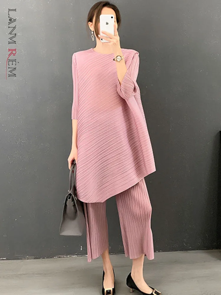 LANMREM Two Pieces Pleated Sets For Women 2024 Spring Long Loose Top With Wide Leg Pants Female Casual Sets 2M299