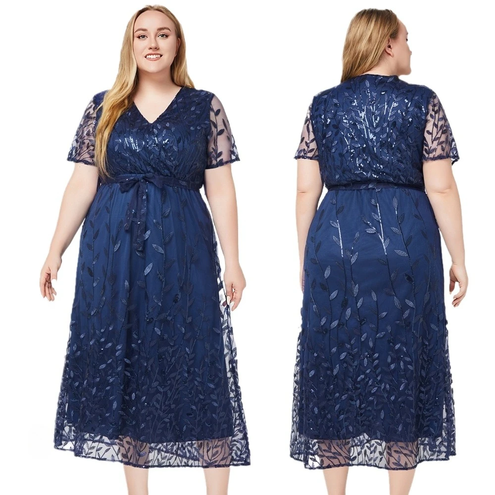 

Elegant V-neck Short-sleeved Sequined Embroidered Plus Size Bridesmaid Dress