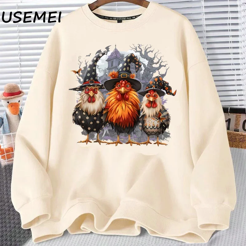 

Retro House Chickens Witch Halloween Sweatshirts Spooky Autumn Fall Retro Chickens Witch Crewneck Sweatshirt Women's Hoodies