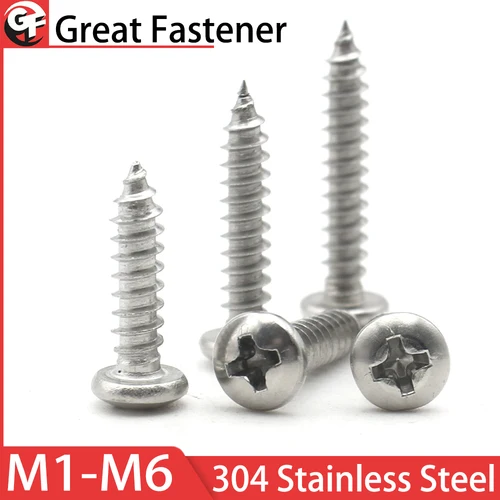 M1 M1.2 M1.4 M1.7 M2 M2.3 M2.6 M3 M3.5 M4 M5 M6 304 Acero inoxidable Cruz Phillips Pan cabeza redonda tornillo autorroscante tornillos para madera