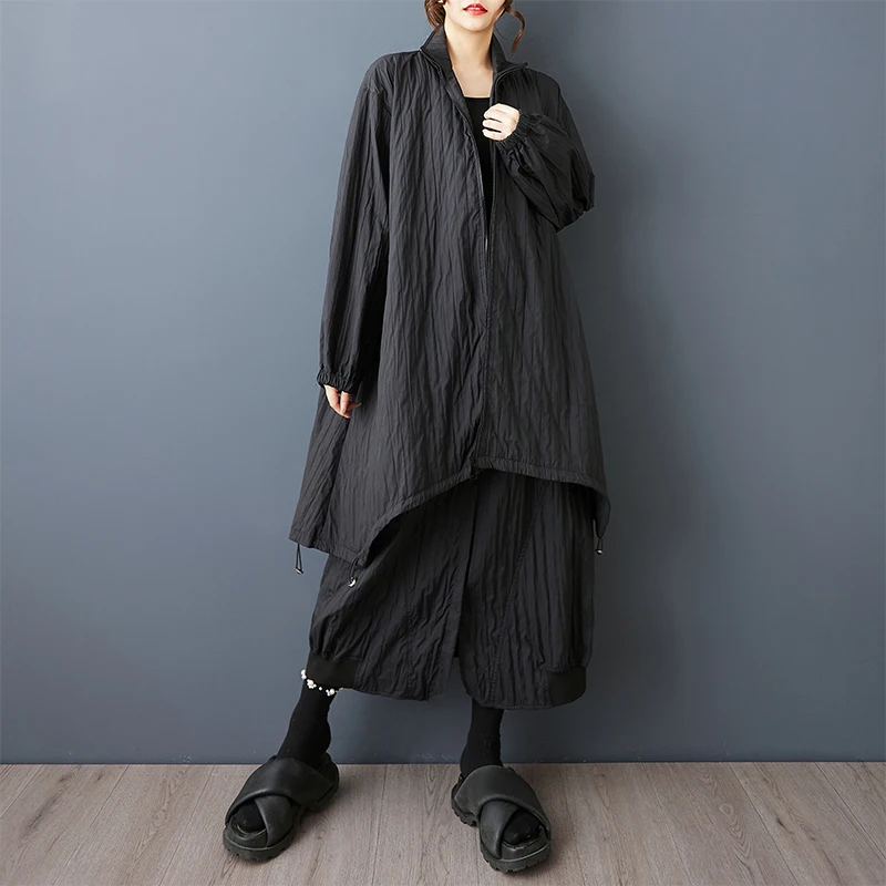 

Осеннее плиссированное свободное пальто миди на молнии с воротником-стойкой и юбкой большого размера, комплект повседневного женского ансамбля