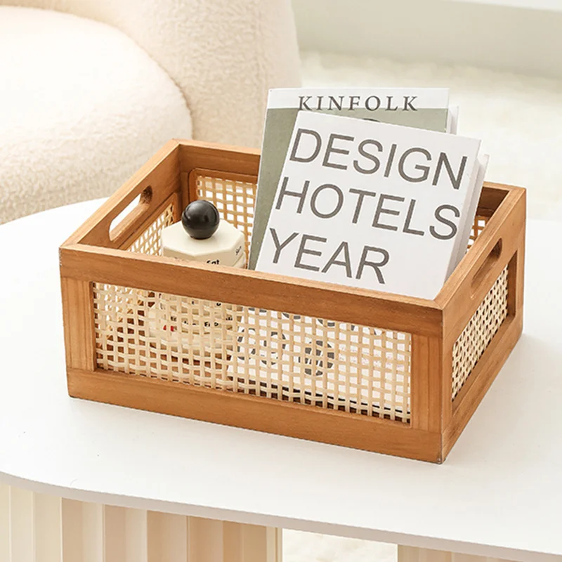 Vintage solid wood storage basket bamboo rattan desktop toys books wooden drawer storage box picnic woven basket