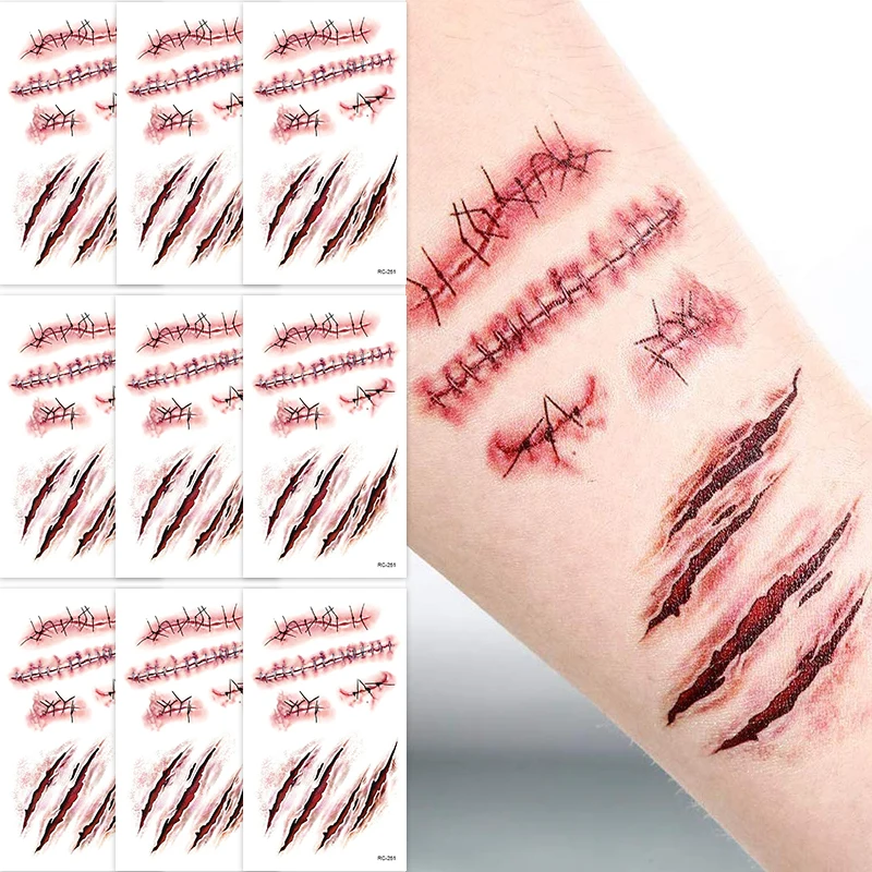 32 قطعة من الوشم المؤقت للندبات المزيفة ثلاثية الأبعاد للهالوين - تصاميم الجرح الدموي والزومبي للوجه/الجسم والحفلات التنكرية والمزحة والكوسبلاي ​