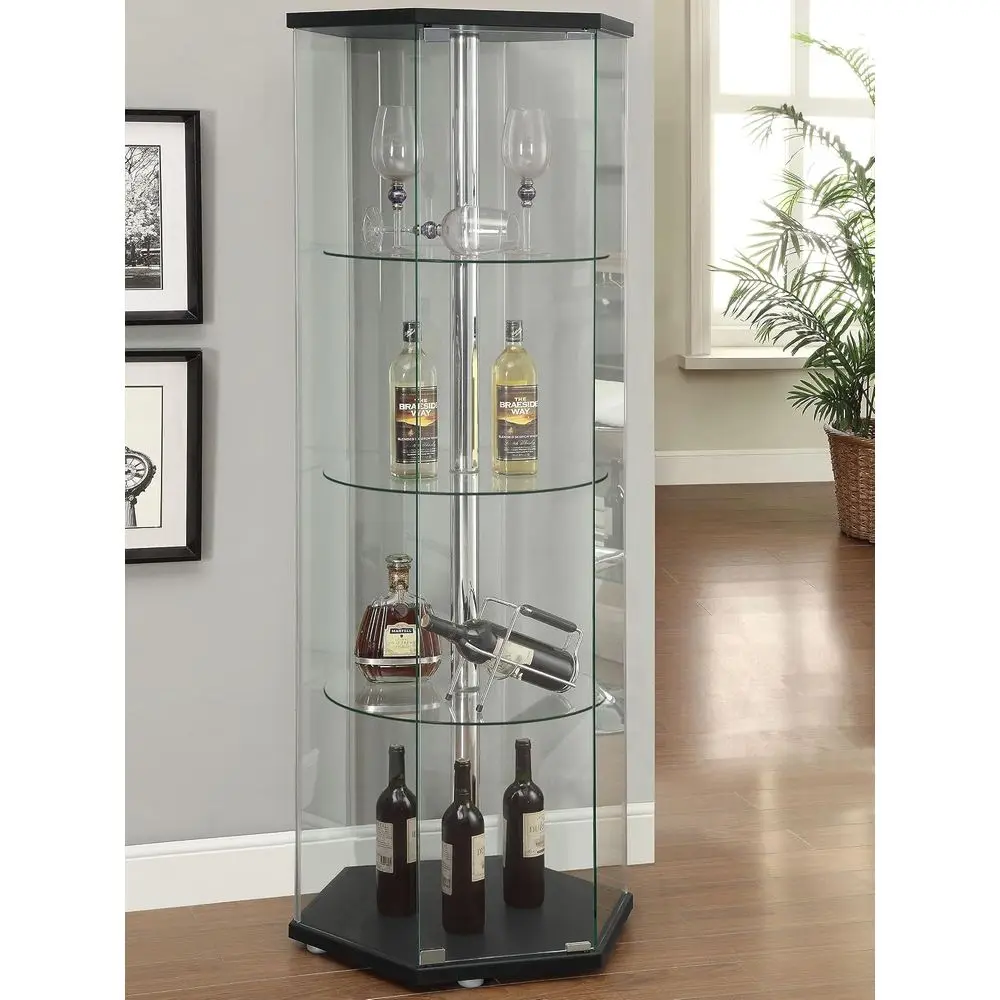 er Home urnishings - Zahavah - 4-Shel Hexagonal Curio Cabinet with Push-to-Open Magnetic Door and Clear Tempered Glass with Chro