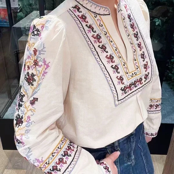 

Лето 2023, новый женский топ из хлопка и льна с v-образным вырезом и принтом в этническом стиле Quali B, домашний бренд, модный свободный крой, длинный свек