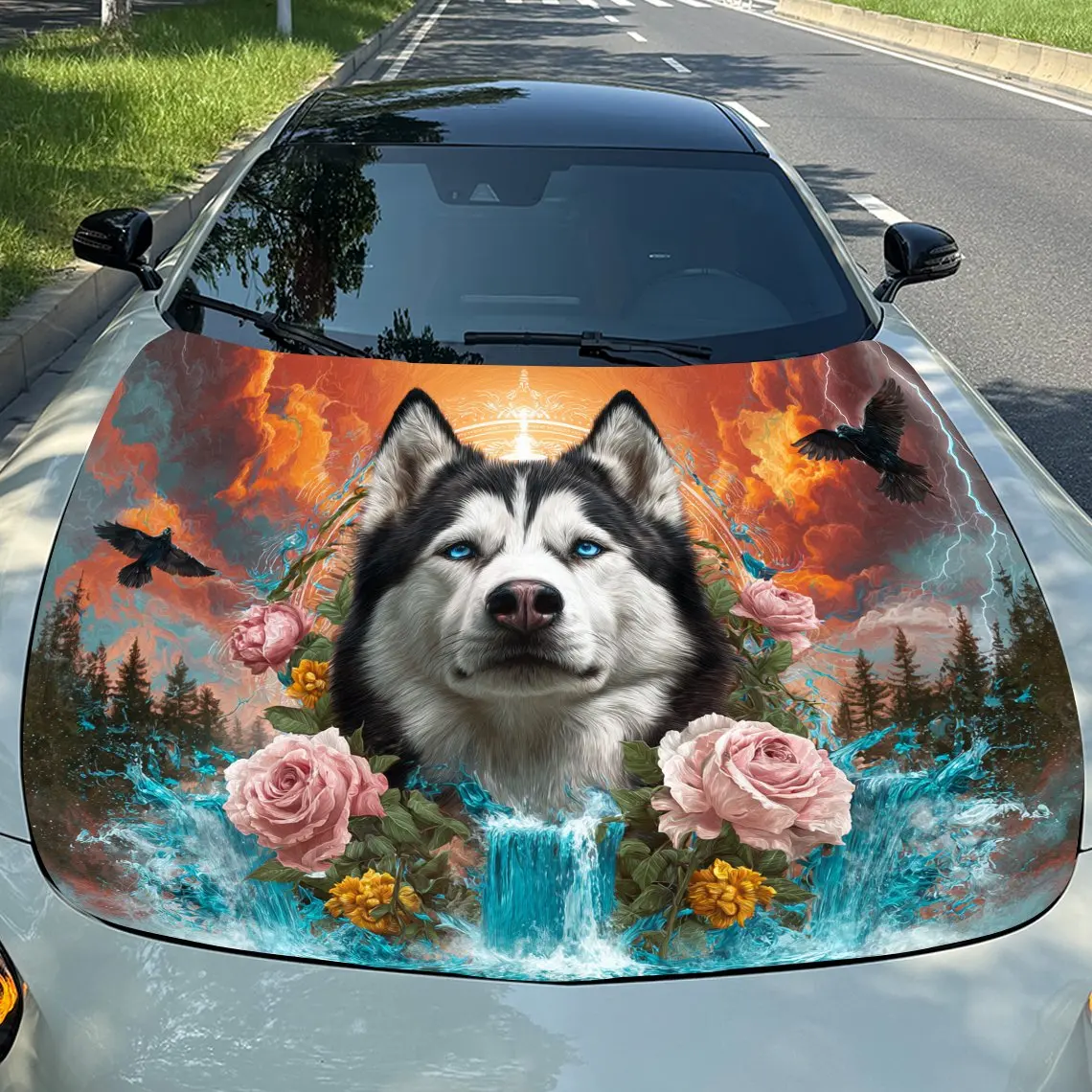 

Ice - Fire Roses Husky Pattern car hood stickers, waterproof self-adhesive, scratch resistant, easy to stick, durable car PVC st