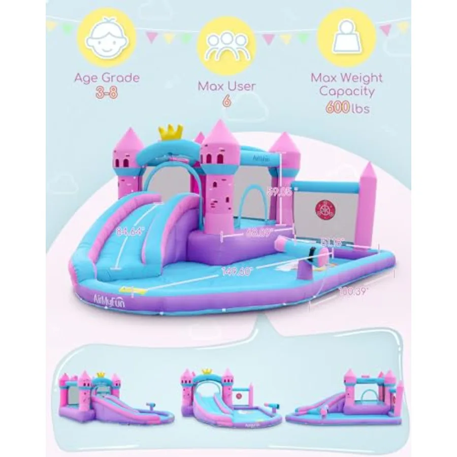 Backyard inflatable waterslide bounce house for kids 3-12 pink PVC material wet/dry use splash pool included sturdy outdoor bou view 2
