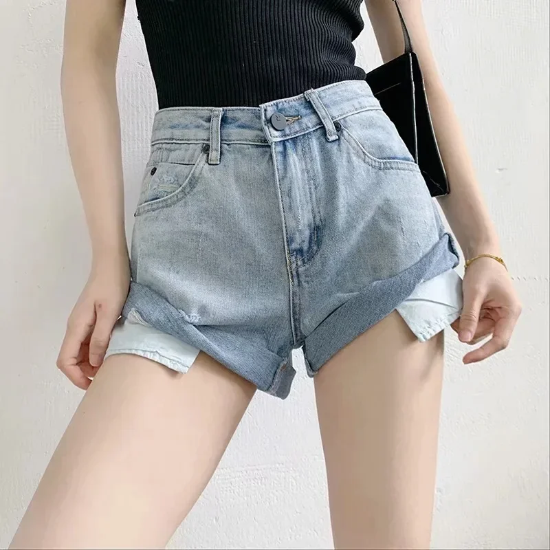 

Летние женские джинсовые шорты с низкой талией и пуговицами, однотонные женские свободные широкие прямые короткие брюки, винтажные женские сексуальные джинсы