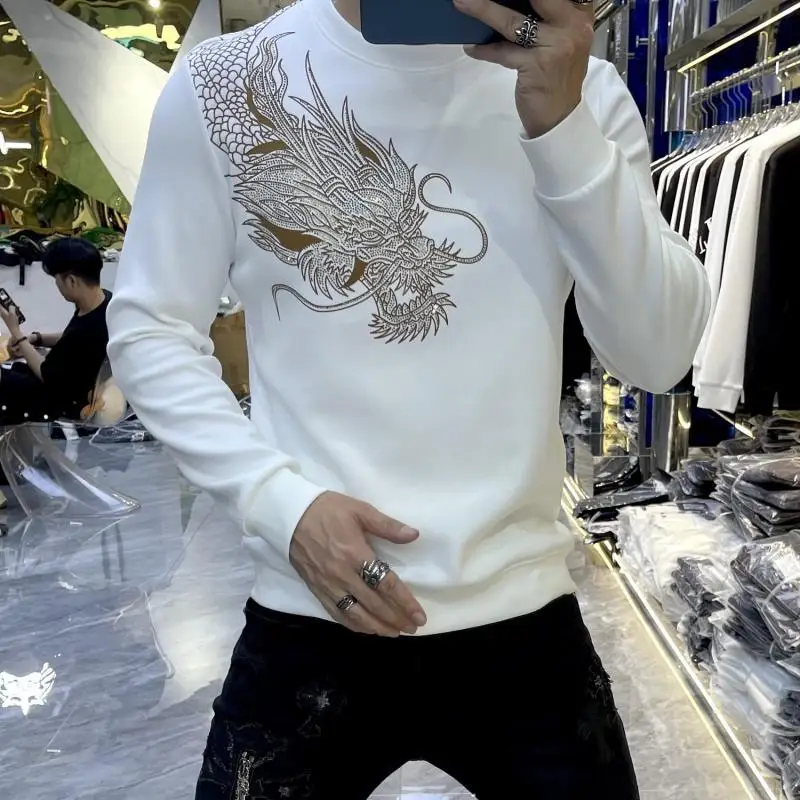 

New Pattern Creative Hipster Fashion Light Luxury Trend Sense of Design Rhinestone Dragon Cool Men's Pullover Hoodie Autumn 2024