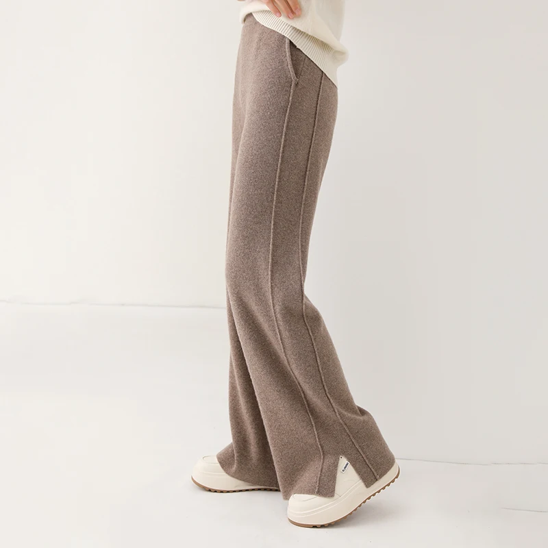 Pantalon à Jambes Larges pour Femme, 100% Laine, Couleur Unie, Doux et Chaud, FJFOR 600, YP01, Collection Automne Hiver