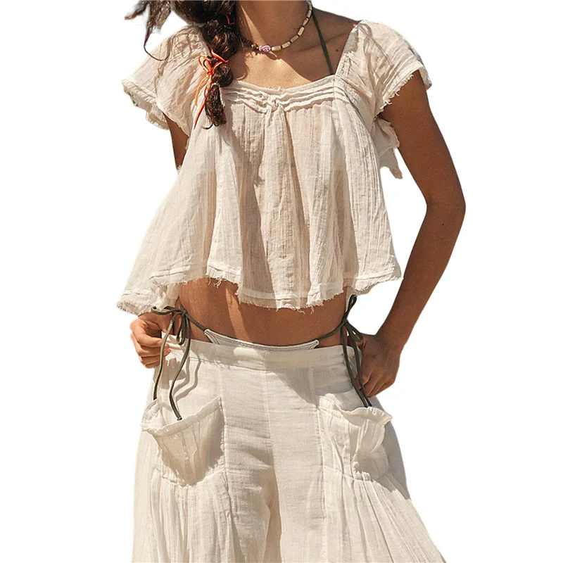 

AOAO-Women's Tie Front Ruffle Boho Tops Flowy Sheer Short Sleeve Lace Blouse Y2k Embroidered Babydoll Button Down Shirts