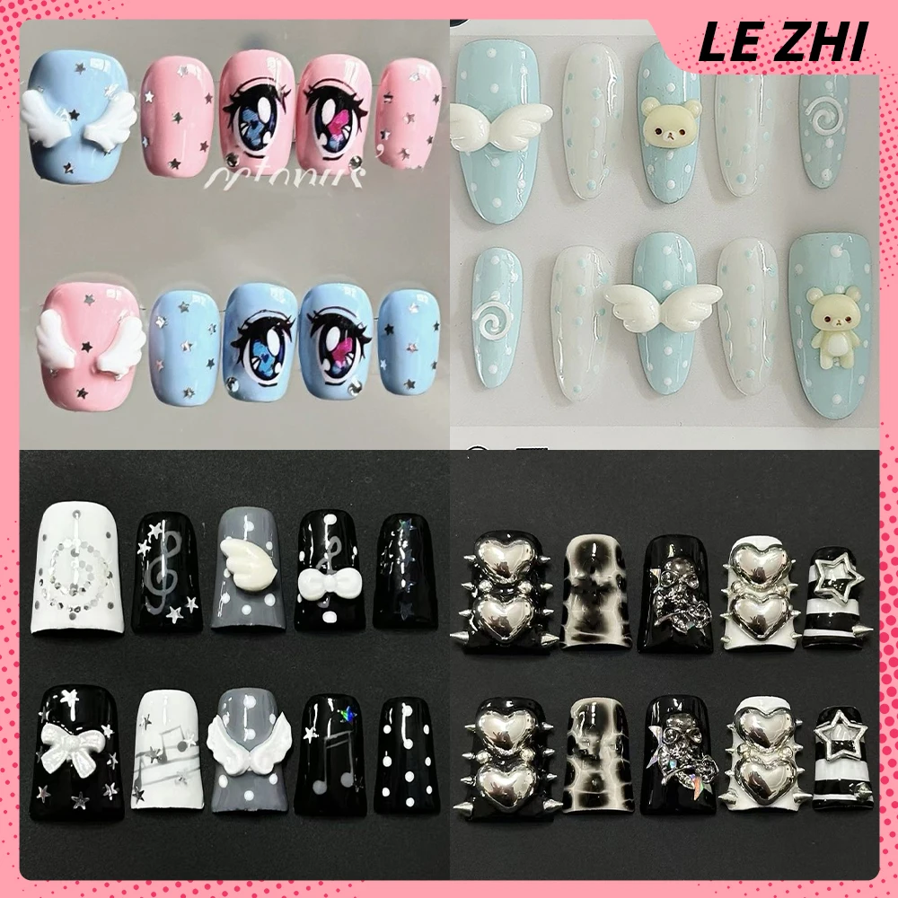 

Handmade Spicy Girl Hello Kitty Duckbill Long Coffin Stiletto Press On Nails Shining Diamond Stars Wings Polka Point Fake Nail