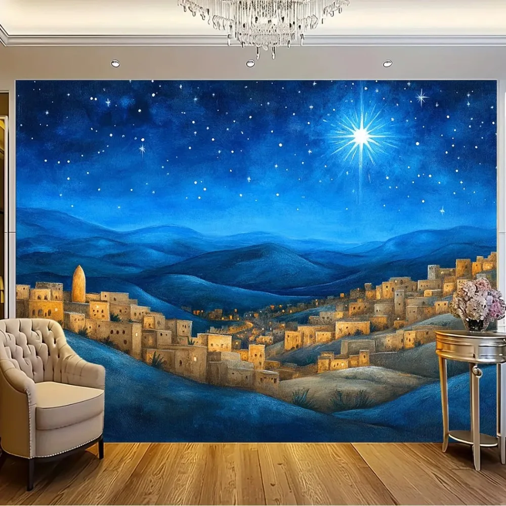 Scene of The Birth of Jesus Under Starry Night Theme Banner Backdrop, Birthday Party, Home Decoration Photography Backdrop Cloth