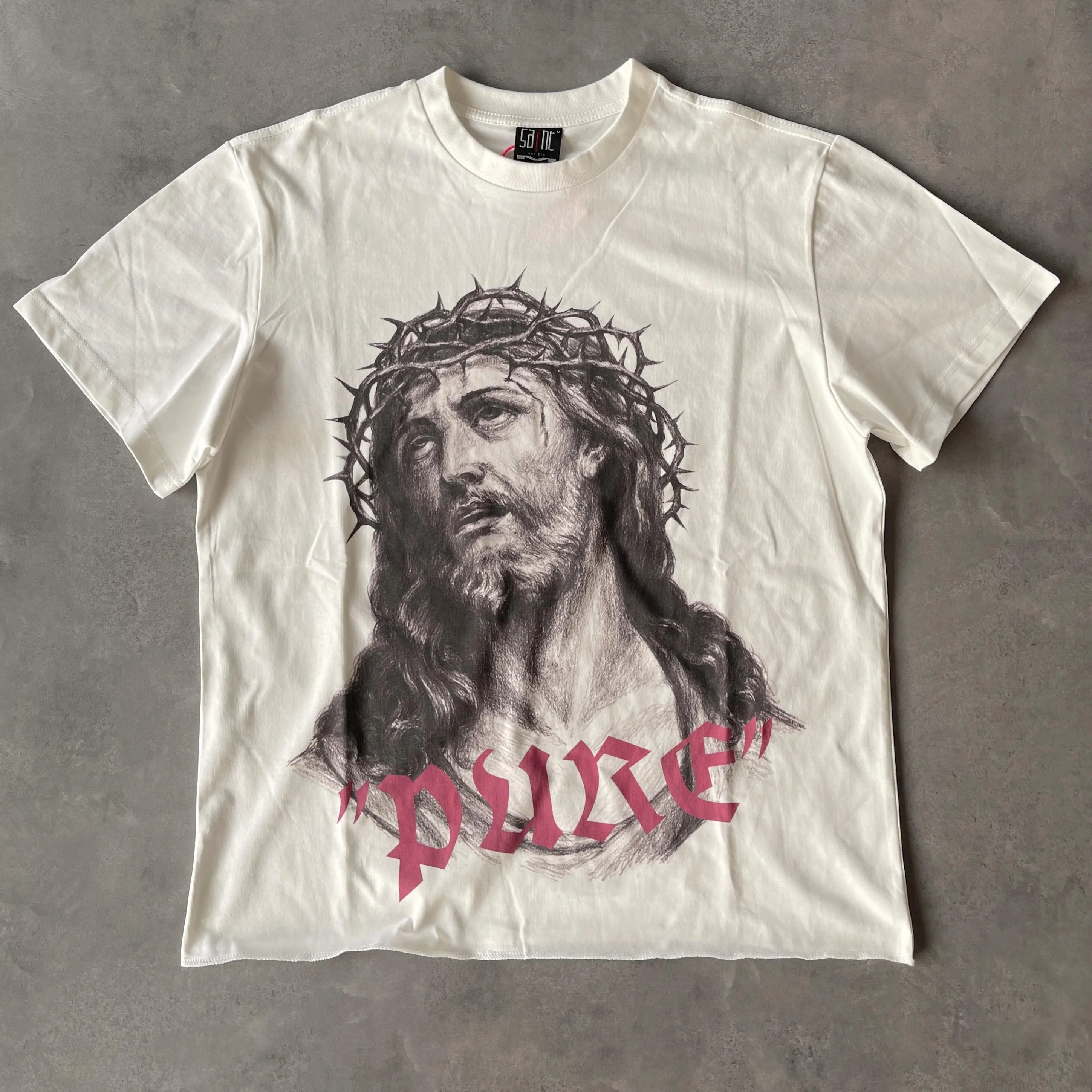 25SS Retro Loose T-Shirt Saint Trendy Light Beige Summer Men's Women's Street Jesus Headprint Men Women Short Sleeve