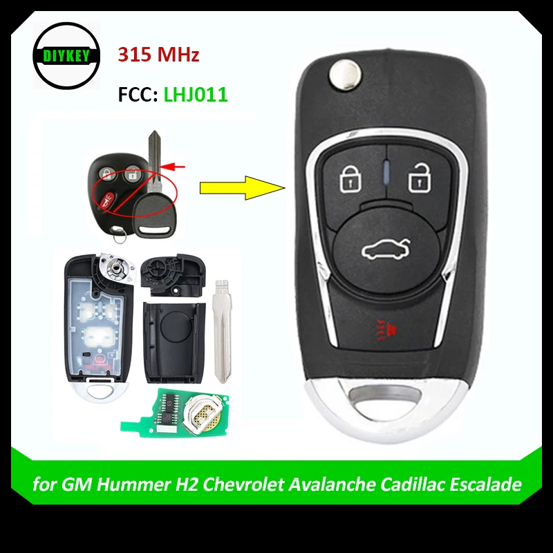 

DIYKEY 3 Button 315mhz Upgraded Remote Car Key Fob for GM Hummer H2 Chevrolet Avalanche Cadillac Escalade 2003 2004 2005 LHJ011