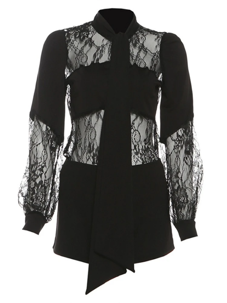 SsTss Conjunto de top y pantalones cortos para mujer, camisa de manga larga con retazos de encaje transparente calado negro a la moda y pantalones cortos ajustados, trajes de 2 piezas