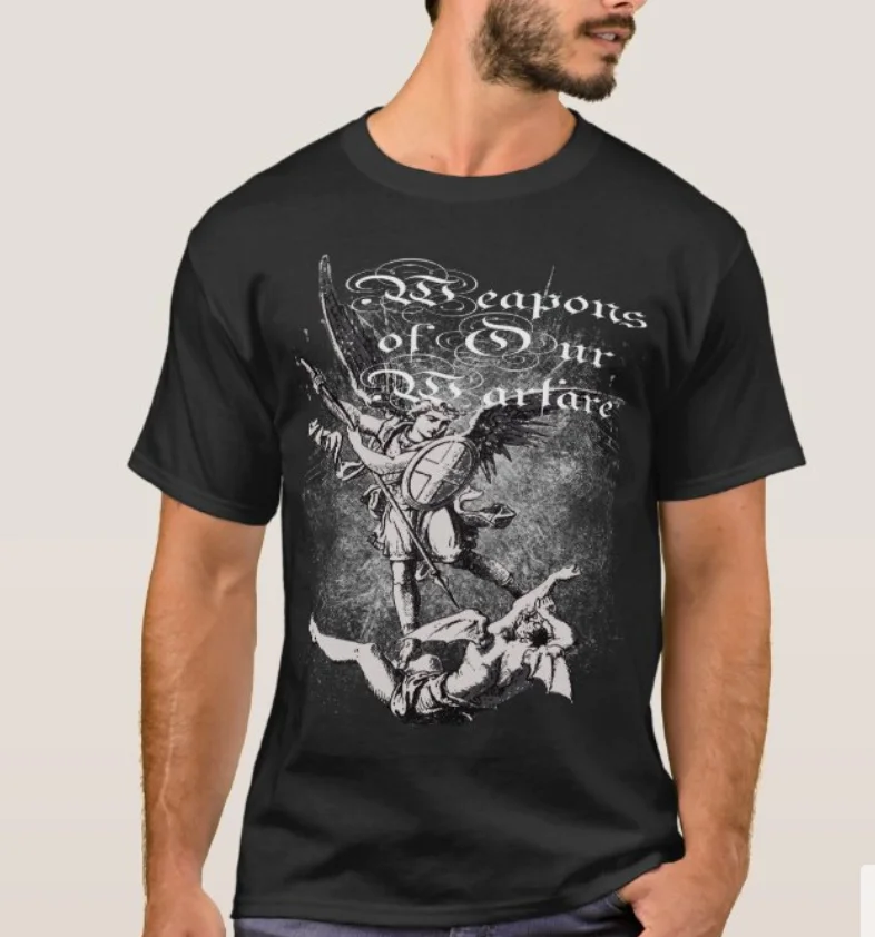 Weapons of Our Warfare. Archangel St Michael Fight Illustration T-Shirt. Cotton Short Sleeve O-Neck Mens T Shirt New S-3XL