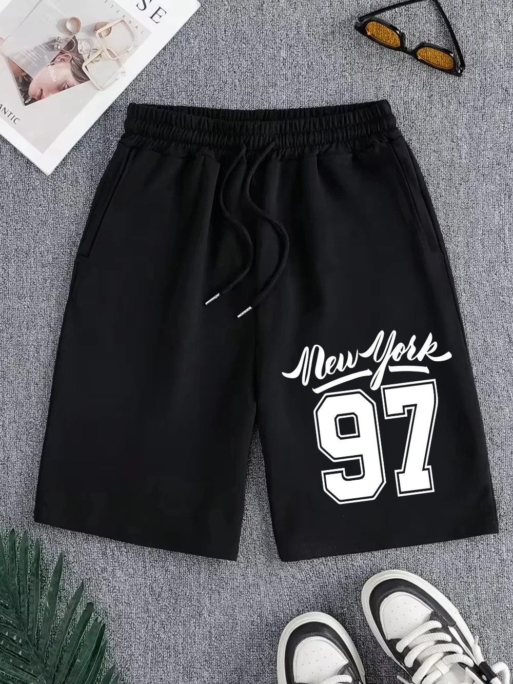 

New York 97 Prints Pants Mens Basics High Waisted Wide Knee Length Shorts Summer Oversized Shorts Casual Pocket Male Clothes