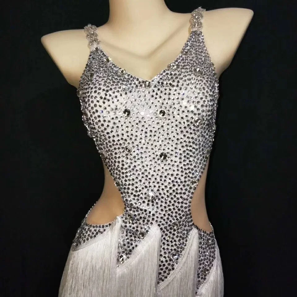

Birthday Night Party Showgirl Dj Ds Women White Tassel Shining Diamonds Rhinestones Latin Dance Dress