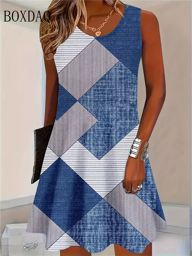 Fashion Geometry Pattern Dress Color Block 3D Print Women Sleeveless Dress Streetwear Casual Summer Loose Woman Clothing 2026