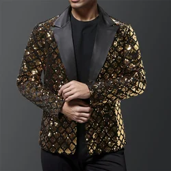 Mode hommes luxe sequin Plaid costume manteau or / argent chanteur hôte scène partie robe ample costume manteau