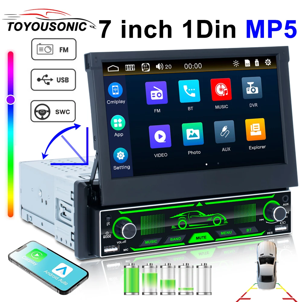 

TOYOUSONIC 1DIN 7" Car radio retractable Touch Screen Car MP5 Player Support 2USB BT music Bluetooth FM Carplay Android auto