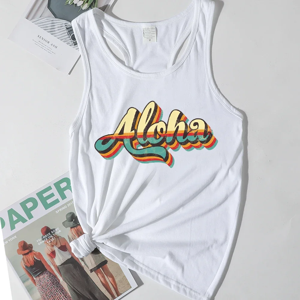 

Aloha Hawaii Beach Tank Top Women 2024 Summer Hawaii Tops Women Clothing Print White Top Aloha Vintage Sunset