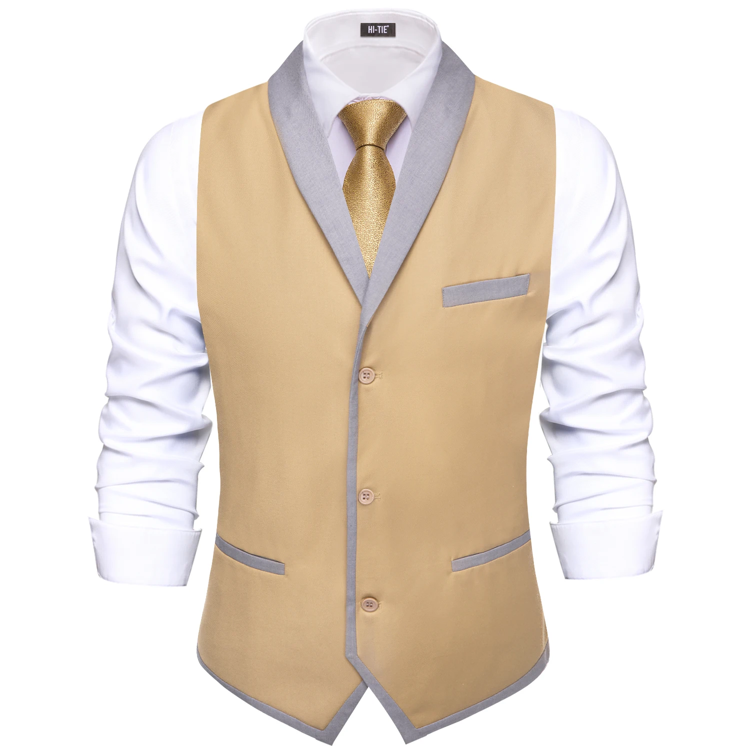 Hi-Tie Shawl Jacquard Collar Champagne Solid Suit Vest Slim Fit Waistcoat for Wedding Groomsmen V-Neck Tuxedo Sleeveless Jacket