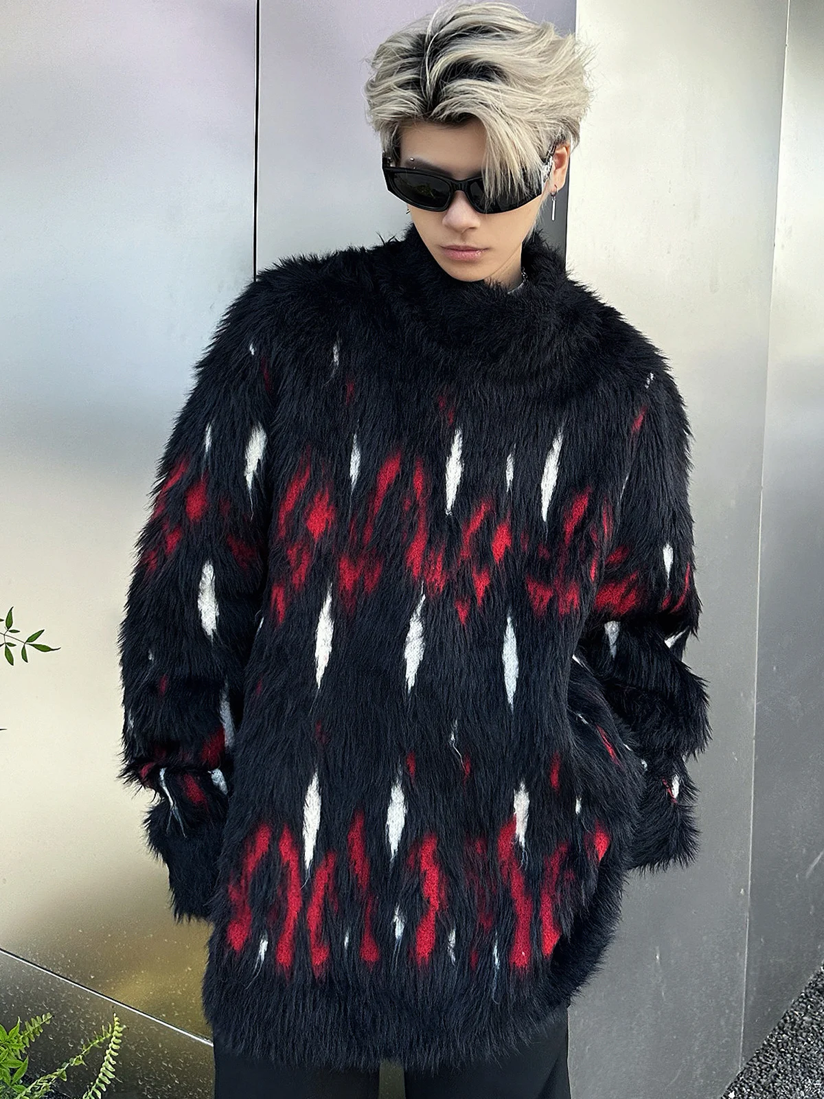 

Autumn Winter High Collar Mink Sweater Men's Intarsia Knit Retro American Cool Design Sensation Trendy Brand Knitted irt