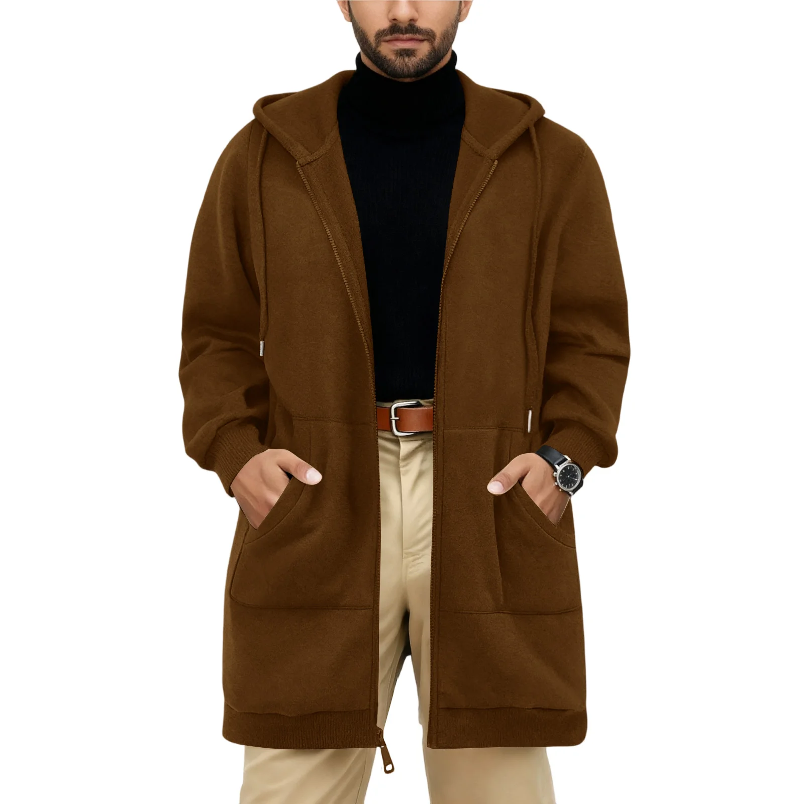 

Men's Full-Zip Fleece Hoodie Jacket Long Sleeve Zipper Pocket Casual Warm Mid-Length Pullover Coat Spring Autumn Outerwear