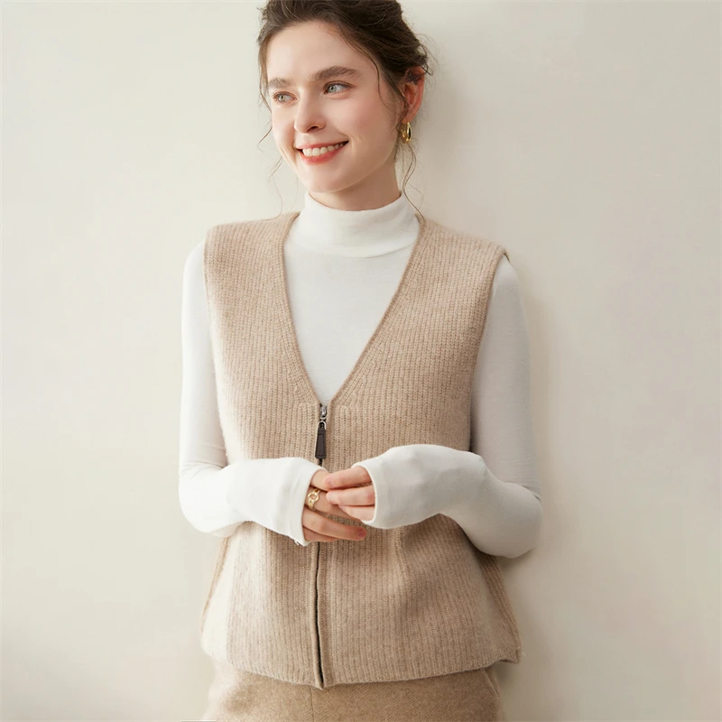 جديد شيك المرأة الخامس الرقبة سستة صدرية 100% سترة الكشمير المعنقة الخريف الشتاء أكمام سترة بسيطة الكشمير تريكو سترة