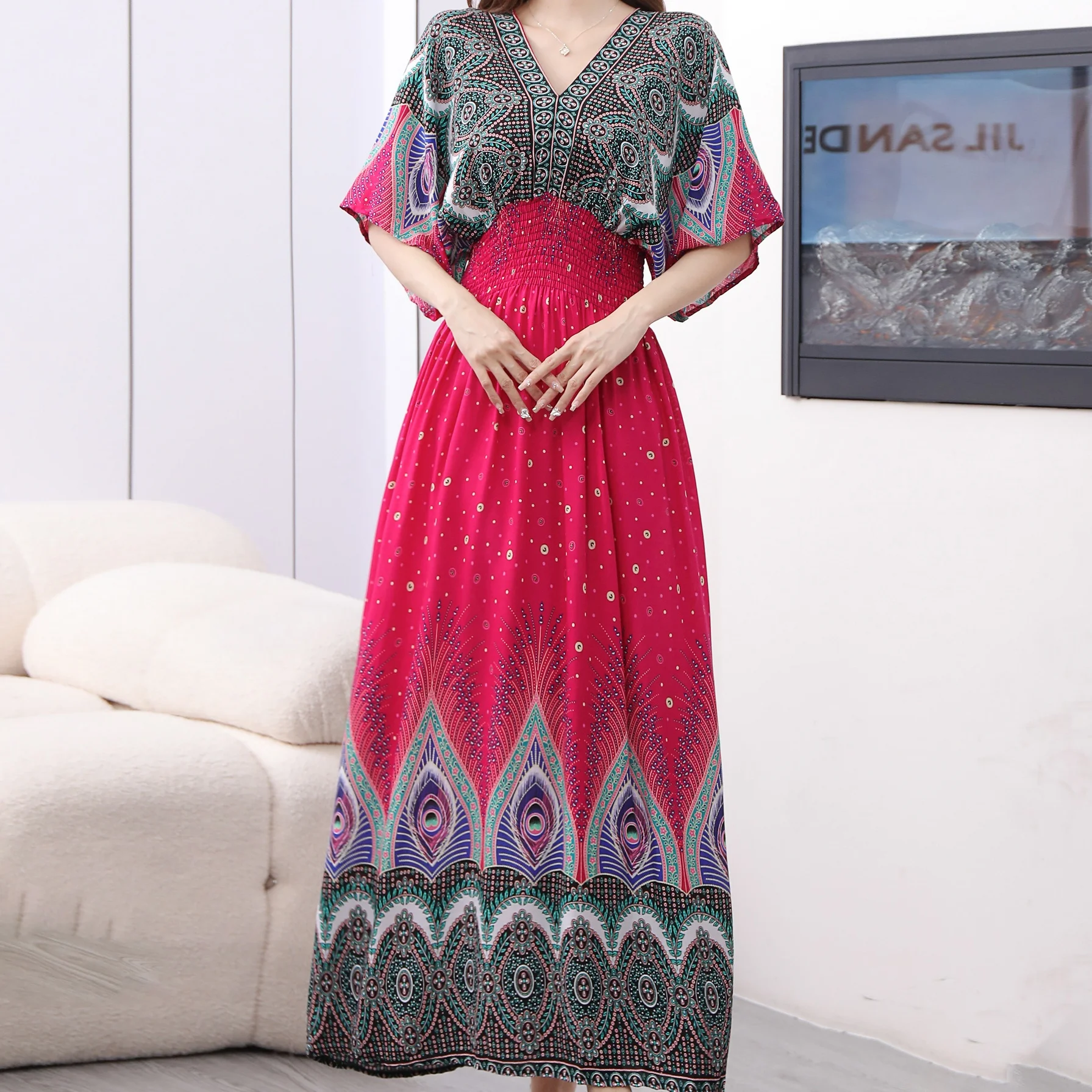 Vintage Retro Women\'s Red ress New In Office Lady Party Dress V-Neck Short Sleeve A-Line Dress Elastic Waist Chic Print Dress