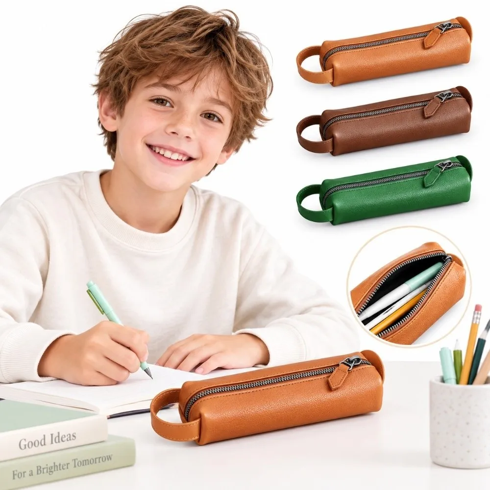 PU Leather Pen Pouch Single Compartment Wrist Loop Pencil Case Zipper Closure Waterproof Stationery Pouch School Office Supplies