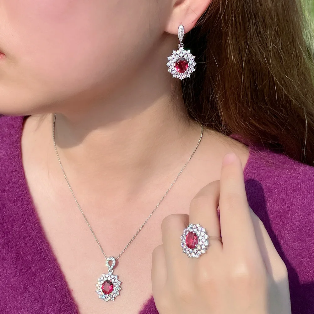 CWWZircons 3 pcs Gorgeous Rose Red Cubic Zirconia Crystal Silver Plated Flower Drop Earring Necklace Jewelry Sets for Women T618 image 2