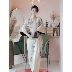 Chinese style Cinched waist cheongsam loose dress women improved casual daily half sleeve qipao lady satin printing qipao